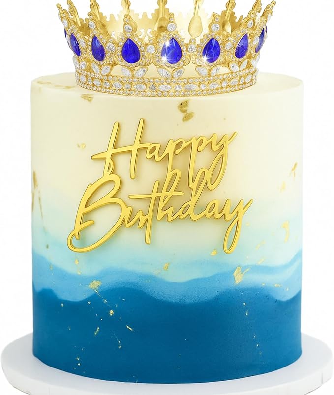 8 Pcs Gold and Blue Queen Crown Cake Topper for Women, Happy Birthday Cake Toppers Foam Balls Rhinestone Crystal Tiara Wedding Decoration for Princess Party Photo Props