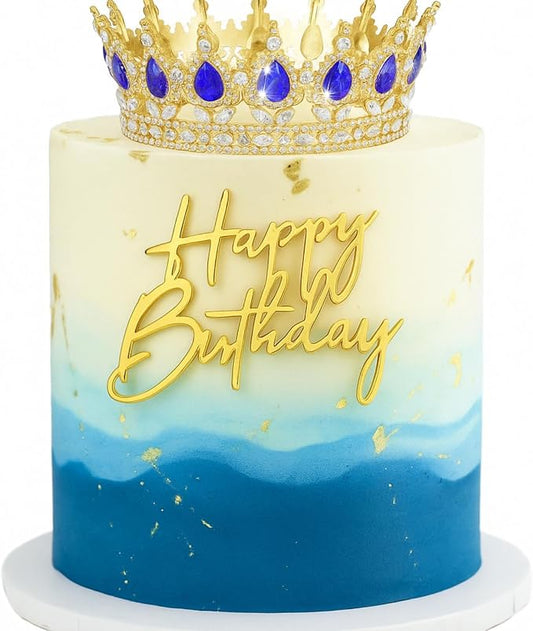 8 Pcs Gold and Blue Queen Crown Cake Topper for Women, Happy Birthday Cake Toppers Foam Balls Rhinestone Crystal Tiara Wedding Decoration for Princess Party Photo Props