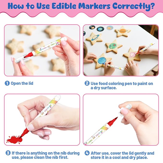 Edible Markers, 8pcs Food Coloring Pens Soft Brush Tip Food Markers, Food Grade Gourmet Writer, Edible Pens for Cookie Decorating, Cakes, Desserts, Frosting, Fondant, Easter Eggs