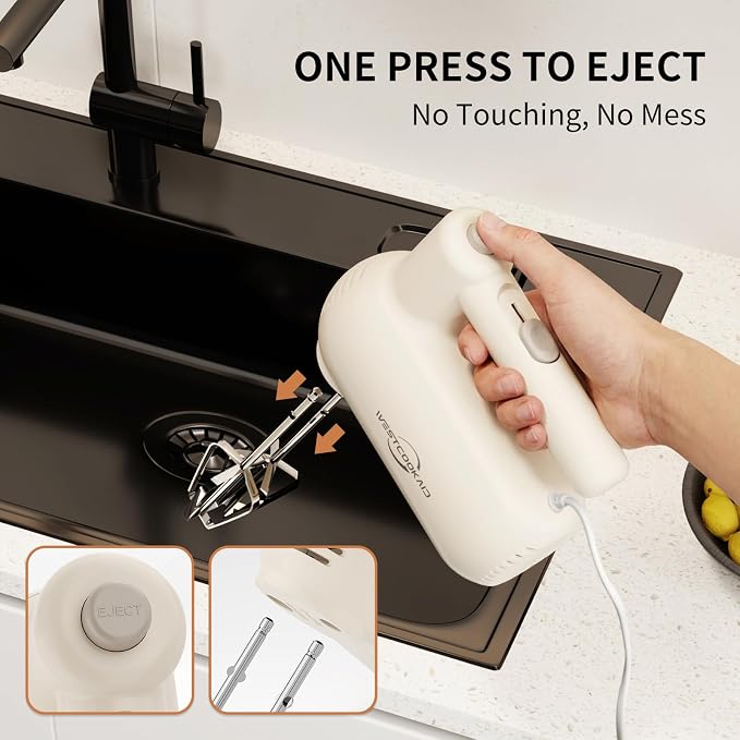Hand Mixer Electric Handheld, Lightweight Hand Mixer Upgraded Motor, 5-Speed Electric Mixer With Stainless Steel Beaters, Dough Hooks, Westcookaid Turbo Ultra Power+ Eject For Cakes Eggs, White