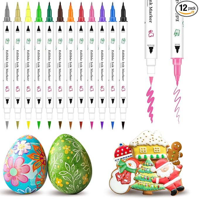 Treedoa Edible Markers for Cookie Decorating,12Pcs Food Coloring Pens Double Side Food Grade Edible Pens with Fine&Thick Tip Food coloring Pens for Cakes,Easter Eggs,Fondant,Cookies,Frosting,Macarons