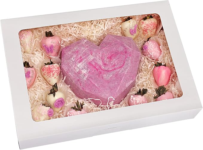 RIFMEAE Cookie Boxes, 14" x 10" x 2.5" White Bakery Boxes with Window, Auto-Popup Treat Boxes, Pastry Boxes for Cookies, Donuts, Muffins and Strawberries [ Pack of 15 ]