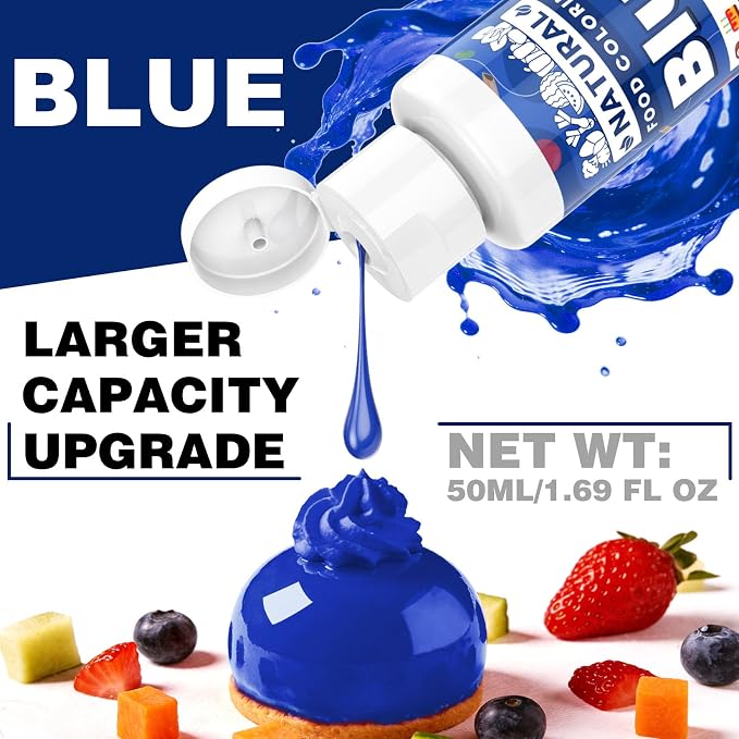 Blue Natural Food Coloring - 50ml Plant Based Food Dye, No FD&C & Artificial Dyes, Gluten-Free, Food-Grade, Vibrant Liquid Colors for Icing, Baking, Cake Decorating, Frosting, Fondant, Slime - 1.69 Fl.Oz Bottles