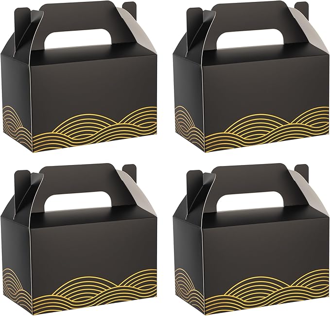 10 PCS Black Gable Favor Treat Boxes, 6.5 x 4 x 4 Inches Elegant Gift Box with Handle for Guests, Goodie Gift Boxes for Candy, Cookie, Busniess, Annivesary Parties, Graduation, Birthday, Wedding, Wave