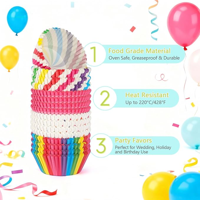 Standard Cupcake Liners 100 Pack, Colorful Paper Baking Cups Food Grade Disposable Cupcake Wrappers Muffin Liners for Birthday Tea Themed Party Baking Decor (Rainbow)