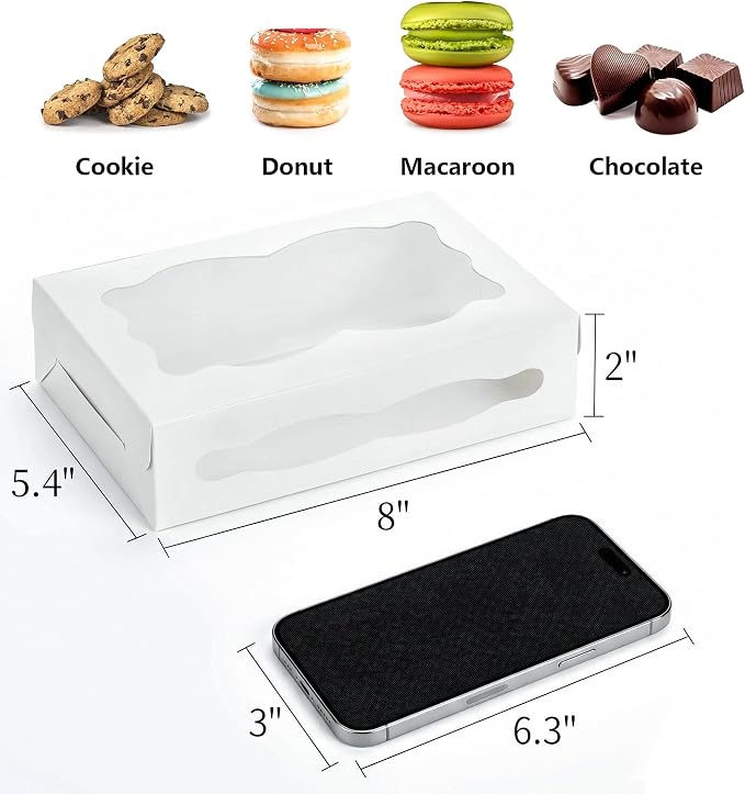 Hiceeden 50 Pack White Cookie Boxes with Window, 8"×5.4"×2" Bakery Candy Box for Gift Giving, Treat Dessert Boxes for Pastry Donuts Candy Biscuit Macaron Chocolate Strawberry