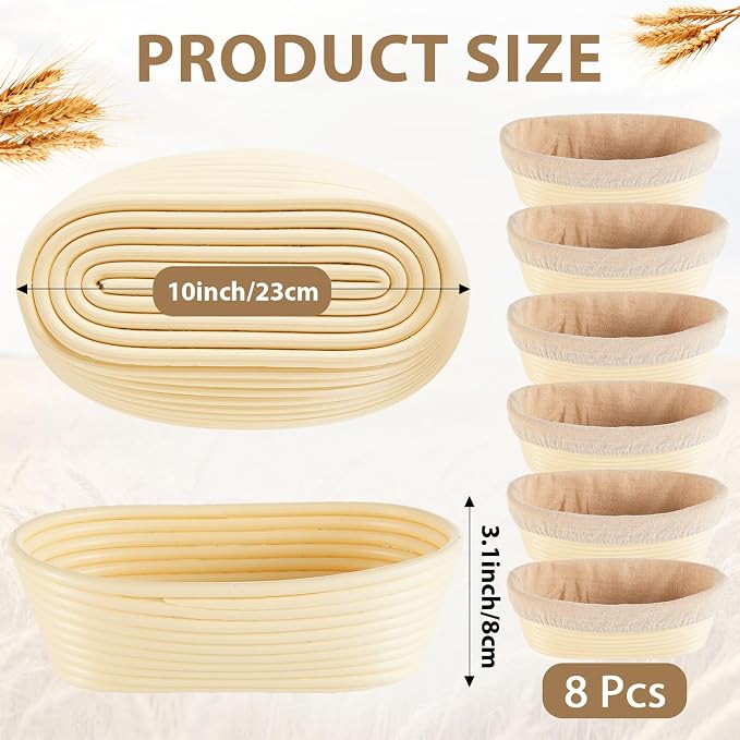 8 Pack Banneton Bread Proofing Basket 10 Inch Oval Rattan Banneton Baskets with Linen Liner Cloth Sourdough Basket Dough Proofing Basket for Professional & Home Sourdough Bread Baking