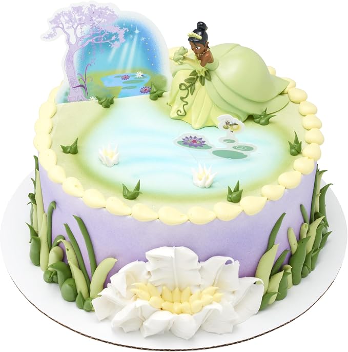 DecoSet® Disney Princess Tiana Cake Topper, 3-Piece Cake Decoration With Tiana And Frog Figurine, Water Lily Pic, And Background Scenery Pic