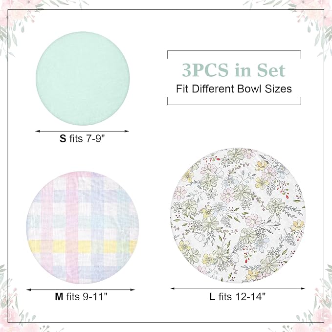 Reusable Bowl Covers for Bread Proofing 3pcs,Cotton Linen Sourdough | Breathable,Fabric,Shower Caps,Sourdough Bread,Accessories,Supplies,Food Lids,Fruit Storage,7"-14",Floral,Checkered,Sage Green