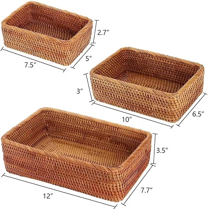 3 Sizes Rectangular Rattan Storage Baskets Handmade Woven Nesting Wicker Baskets for Decor Fruit Tray and Snack Storage Box (Small Basket)