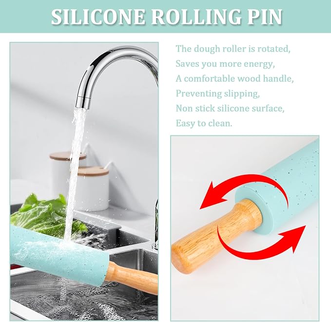 3Pcs Silicone Rolling Pin for Baking Sets,15Inch Pastry Dough Roller with Wooden Handle Silicone Mat and Brush, Non Stick Surface Rolling Pins for Dough Cookie Baking Kitchen Accessories(Green)