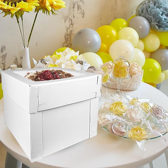 KEEPARTY 3 PCS White Tall Cake Boxes 14x14x12 inch with Window White Disposable Baking Box Container Wedding Cake Carrier