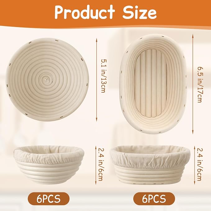 Set of 12 Mini Banneton Bread Proofing Basket with Liner, 5-inch Round and 6.5-inch Oval Small Bread Proofing Sourdough Bowl, for Sourdough Making, Baking Supplies for Home and Bakery