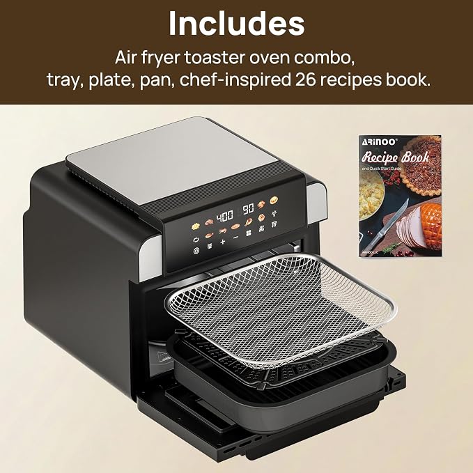 16 Qt Air Fryer Toaster Oven Combo with PFAS-Free Ceramic Coating | Viewing Window, 9 Presets, Top 1700W Bottom 1500W, Max 400°F, Nonstick Tray, Detachable Door, Black, Easy to Clean