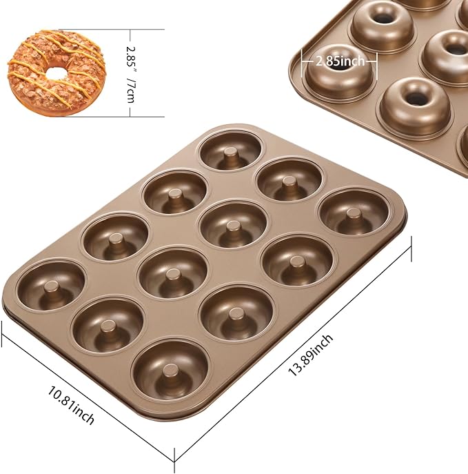 Non-Stick 12-Cavity Donut Pan for Baking, Doughnut Roasting Pan, 2-Count