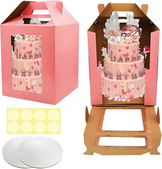 Cake Boxes - 2 Pack Tall Cake Box 12x12x14 Inch Disposable Layer Carrier with Window Large Tierd Cake Out Transport Containers with Handle for Wedding, Birthday, Party