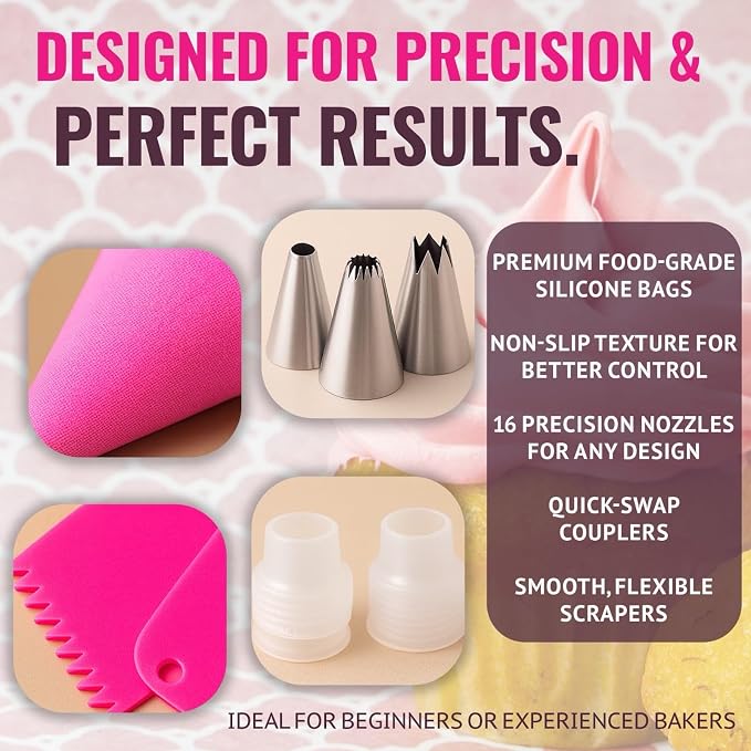Piping Bags and Tips Set, 21 Piece Reusable Cake Decorating Kit with 14 Stainless Steel Nozzles, 2 Silicone Piping Bags, 2 Couplers and 3 Scrapers for Cupcaskes, Cookies & Icing