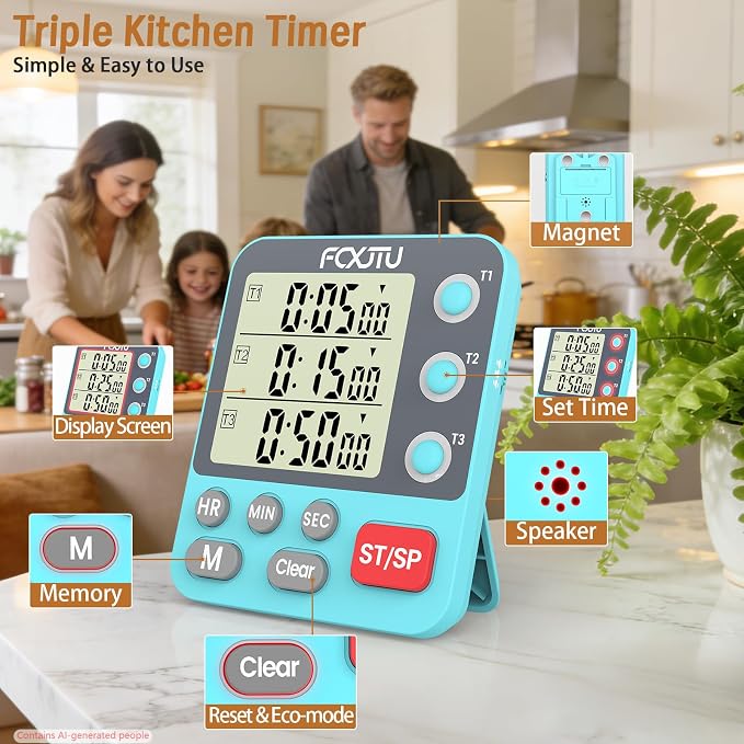 Digital Dual Triple Kitchen Timer, 3 Channels Magnetic Countdown Stopwatch Timer for Cooking, Loud Alarm Large Display Multi Food Memory Timer for Seniors & Teachers Battery Included (Blue)