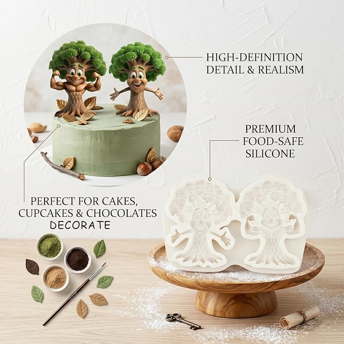 1Pc Cartoon Strong Tree Silicone Mold 2-Cavity Enchanted Forest Plant Cake Decorating Fondant Mold for Flexible Gum Paste Pastry Baking Tool Woodland Party Cupcake Toppers Chocolate