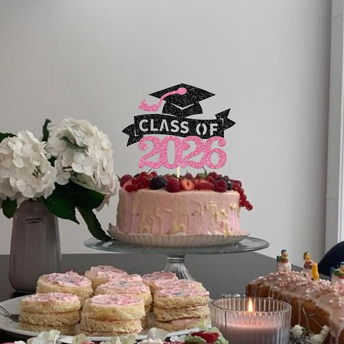 1 Pack Class of 2026 Cake Toppers Graduation Girl Cake Picks Glitter 2026 Graduation Cake Decorations for Theme High School Girls Graduate Cake Decorations Party Supplies Pink