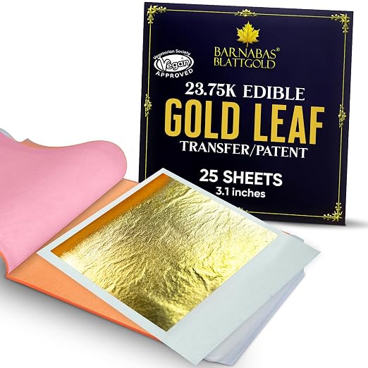 Barnabas Blattgold Edible Gold Leaf 24K - Cake Decorations, Transfer Patent for Cupcakes - 3.1 inches, Book of 25