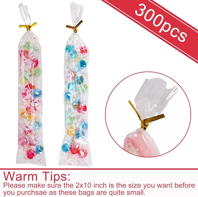 Augshy Pretzel Rod Bags,300 Pcs 2x10 Clear Treat Bag with Sea for Packaging | Individual,Plastic Bag with 300 Twist Ties,Self Adhesive Resealable for Lollipop Candy Chocolate Cookie Wrapping Buffet