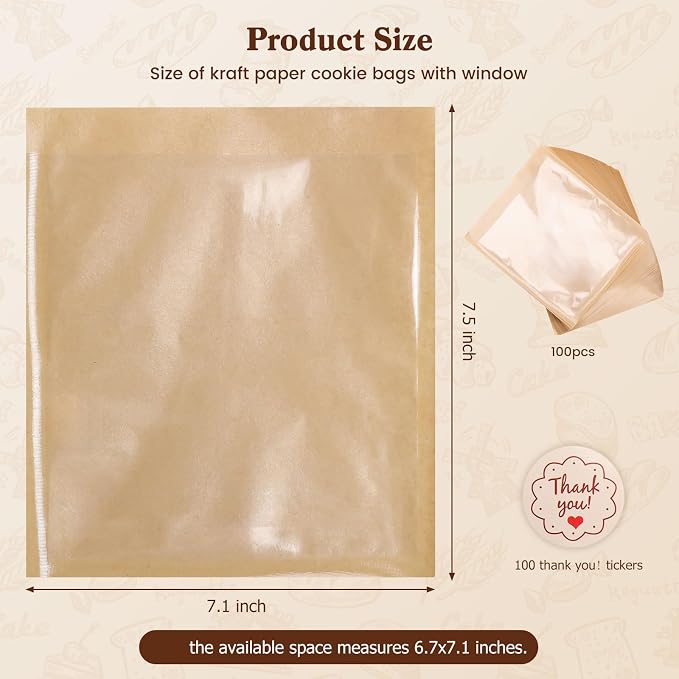 HONKID 100 Pack Cookie Packaging Bags With Seal Stickers,7.1x7.5 Inch Food-Grade Bakery Bags With Window, Heat Sealable Paper Cookie Sleeves for Homemade, Sandwich, Cookies, Cakes, Brown, Donut