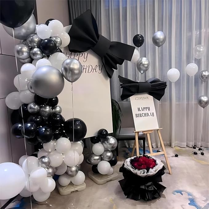 136pcs Black Silver White Balloons Garland Arch Kit,18 12 10 5 Inch Different Sizes Pack Party Latex Balloons for Disco Theme Birthday, Graduation, 90s Party Decorations