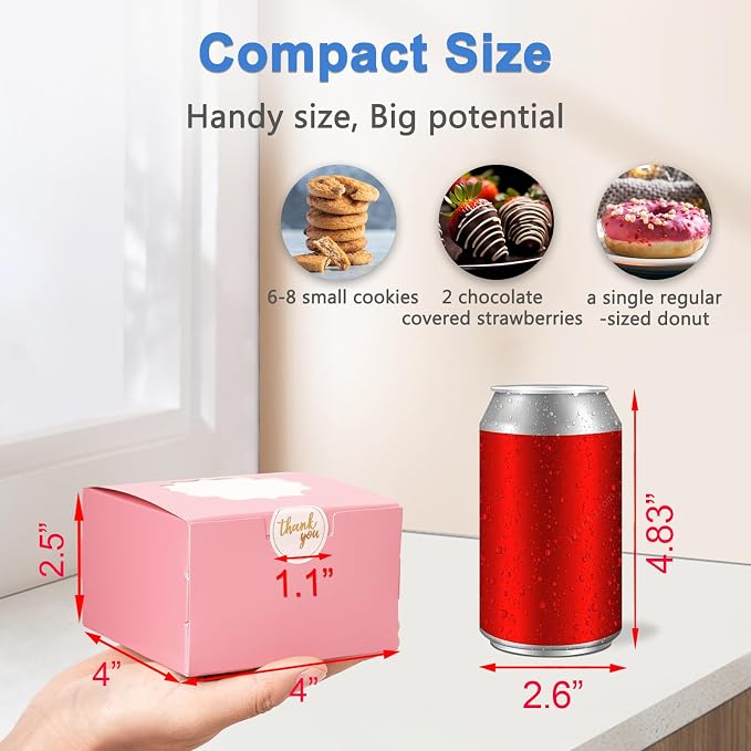 Shallive 4-Inch Small Cookie Boxes 100 Pcs Pink - Bakery Treat Boxes with Window for Barbie Favor To-go Containers for Cake Slice, Macarons, Donuts 4x4x2.5