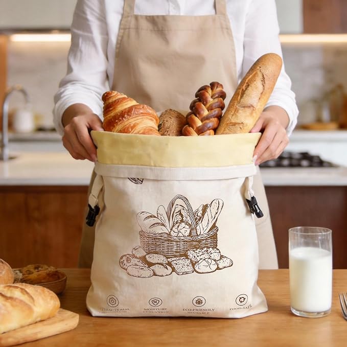 Beeswax Bread Bags for Homemade Bread, 2 Packs XL Reusable Cotton Linen Sourdough Bread Bags to Keep Bread Fresh, Airtight Drawstring Seal Reusable Food Storage Bags for Homesteading & Baking