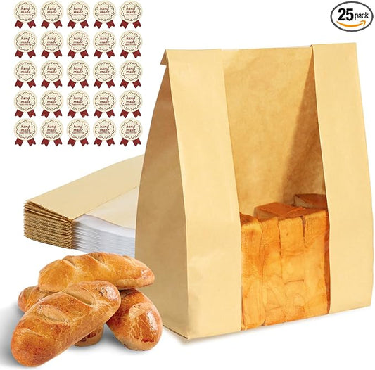 Bread Bags for Homemade Bread 25PCS Paper Sourdough Large Bakery Bags with Window for Baked Food Packaging Storage Gift Giving Includes 25PCS Label Seal Stickers 13.7x8.3x3.5in