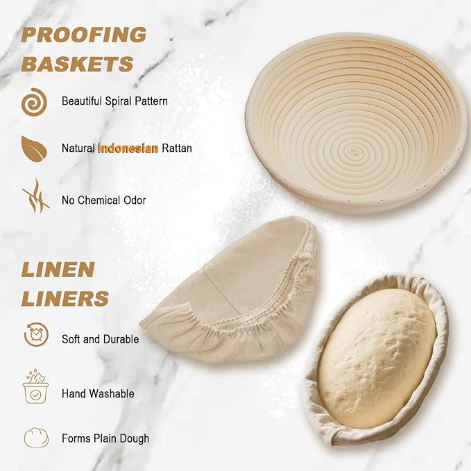Sourdough Bread Proofing Basket Kit - Banneton Baking Set, Sour Dough Making Tools Supplies, 9" Round and 10" Oval Cane Baskets with Bowl Scraper, Bread Lame, Danish Whisk, Linen Liners, Dough Scraper