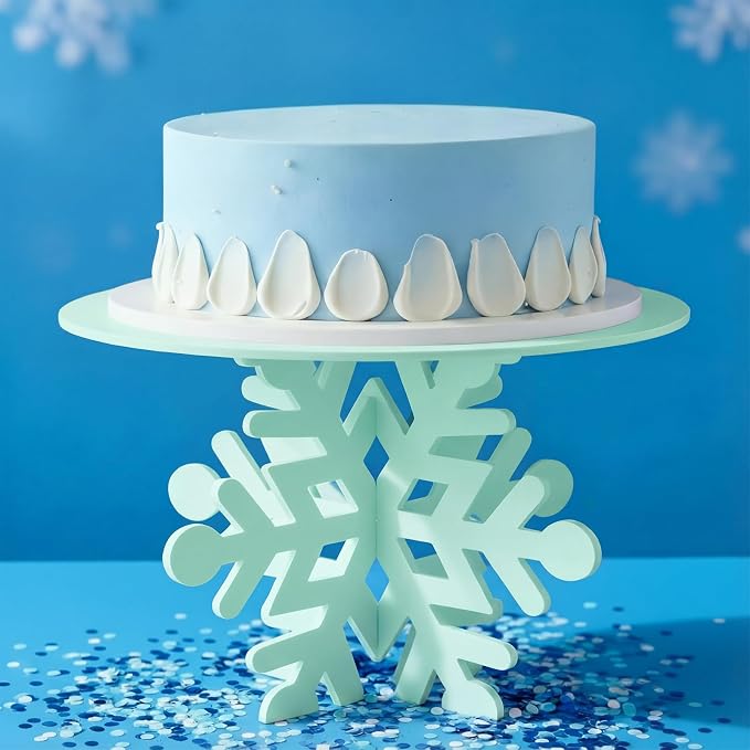 Lallisa 12" Snowflake Frozen Cake Stand Light Green 3D Snowflake PVC Cake Decorations with Engraved Snow Themed Holder Dessert Stand Centerpieces for Frozen Winter Birthday Party Supplies