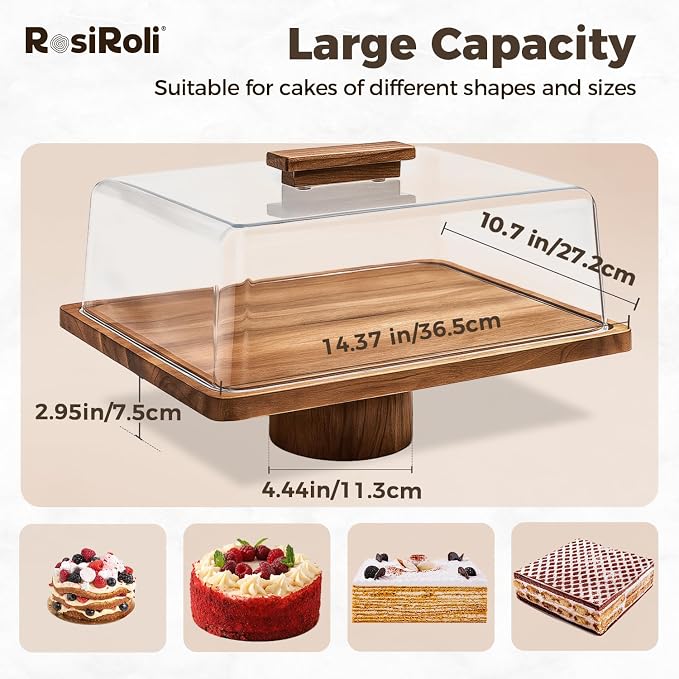 Acacia Wood Cake Stand with Lid, 2-in-1 Rectangular Charcuterie Board & Dessert Display with Shatterproof Acrylic Dome Cover, Serving Platter for Outdoor Entertaining, Wedding Receptions