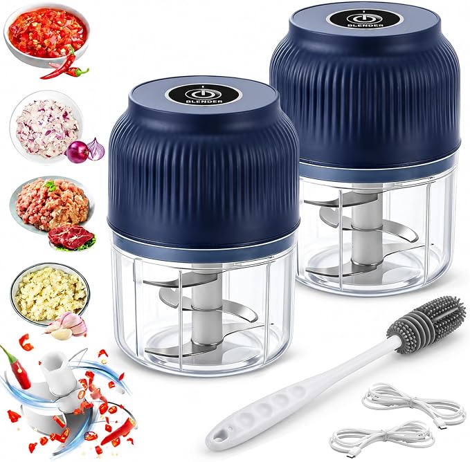 Household Electric Garlic Crusher, Mini Electric Food Chopper with 6 Blades, 350ml Cordless Garlic Mincer with Lid, One-Touch Food Processor for Onion, Ginger, Chili, Herbs, Nuts (2*Blue)