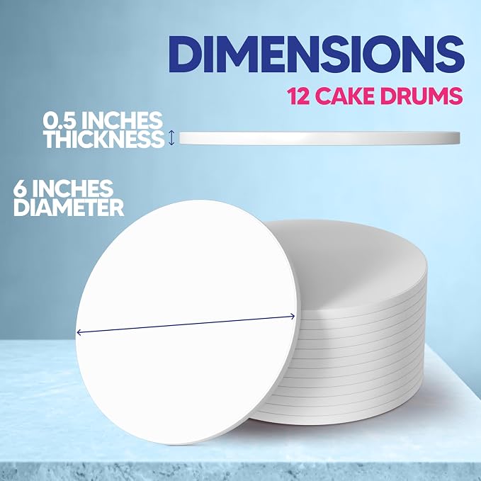 RICCLE Cake Boards - 6 Inch Cake Drums - Smooth-Edged Pack of 12 Cake Drum - Sturdy Cake Boards 6 Inch Round - Bend Resistant Multi-Layered Cake Base for Minimalist Displays