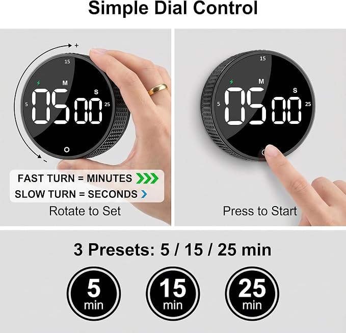 Rechargeable Magnetic Kitchen Timer, LED Countdown/Count-Up Timer, Supports USB-C Charging, with Loud Alarm, 3 Preset Quick Times (5/15/25m), Perfect for Kitchen Cooking, Studying, and Fitness