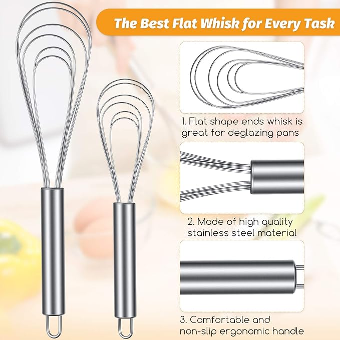 Patelai 2 Pcs Flat Whisk Set Stainless Steel 8" and 10" Flat Wire Egg Whisk Dishwasher Portable for Kitchen Cooking Sauce Blending Beating Stirring Mixing