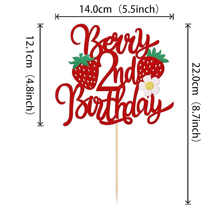 1 PCS Strawberry Berry 2nd Birthday Cake Topper Glitter Second Birthday Flower Strawberry Cake Pick for Sweet Fruit Theme Baby Shower Kids 2nd Birthday Party Cake Decorations Supplies