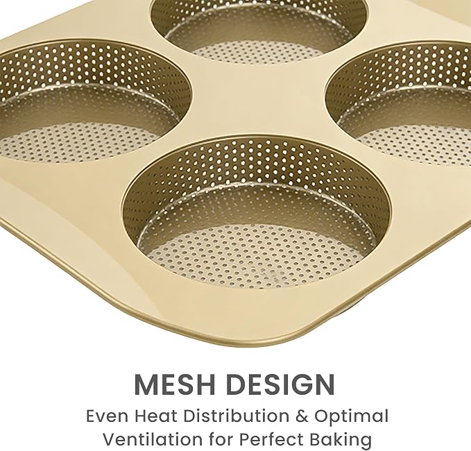 Hamburger Bun Pan for Baking, 4-Cavity 5 Inch Nonstick Bun Baking Pan, Perforated Carbon Steel Bread Pan for Homemade Burger Buns, Sandwich Rolls, Baking Tray