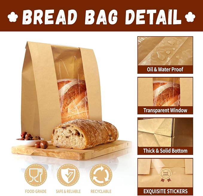 70 Pack Large Bread Bags for Homemade Sourdough Bread - Kraft Paper Storage Bakery Bags with Clear Window Bonus 75 Seal Stickers for Sourdough Sandwich (13.7x8.2x3.5 Inches, Brown)