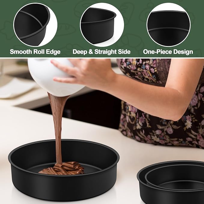 E-far Cake Pan Set of 3 (6 inch/8 inch/9½ inch), Nonstick Round Baking Cake Pans for Tier Birthday Wedding Cake, Stainless Steel Core & Non-Toxic Coating, 2 Inch Deep (Black)