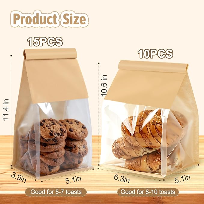 Bakery-Grade Bread & Cookie Bags, 2-Size 25PCS Luxury Brown Paper Bags with Clear Window & Reusable Tin Tie, Odor-Free Safe for Sourdough, Homemade Bread, Popcorn, Bake Sales & Snack Storage