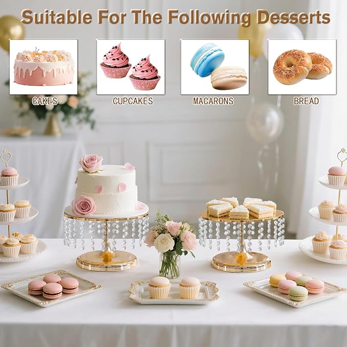 2 Pcs Gold Metal Mirror Cake Stand Set with Crystal Pendants - 11.8"W Elegant Dessert Table Display for Weddings, Birthday Parties, Baby Showers, Events - Sturdy Crystal Bling Cupcake Stands for Pastries, Sweets, Decorations