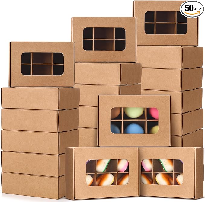 50 Pcs Kraft Treat Boxes with Window and Dividers, Empty Candy Truffle Baking Boxes, Square Cupcake Cookies Containers for Wedding Gift Giving (5 x 3.54 x 1.57 Inches,Brown)
