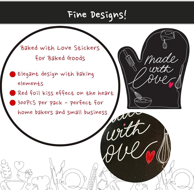 300PCS Made with Love Stickers – 2"x1.75" Baking Labels for Baked Goods Packaging, Baked with Love Badges for Homemade Bakery. Use on Jars, Bags, Boxes