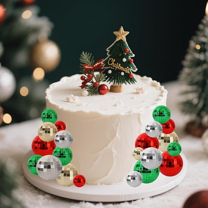 BEISHIDA 40 Pcs Ball Cake Toppers Mini Balls Cake Decorations Red Green Gold Silver Sticks Foam Balls DIY Cake Topper Insert Balls Cake Decorations for Baking Christmas Party Decorations