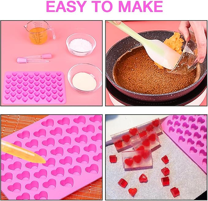 Silicone Heart Gummy Molds Set of 4, Heart Molds with 2 Droppers for Convenient Filling, Candy Molds for Gummie, Candy, Chocolate