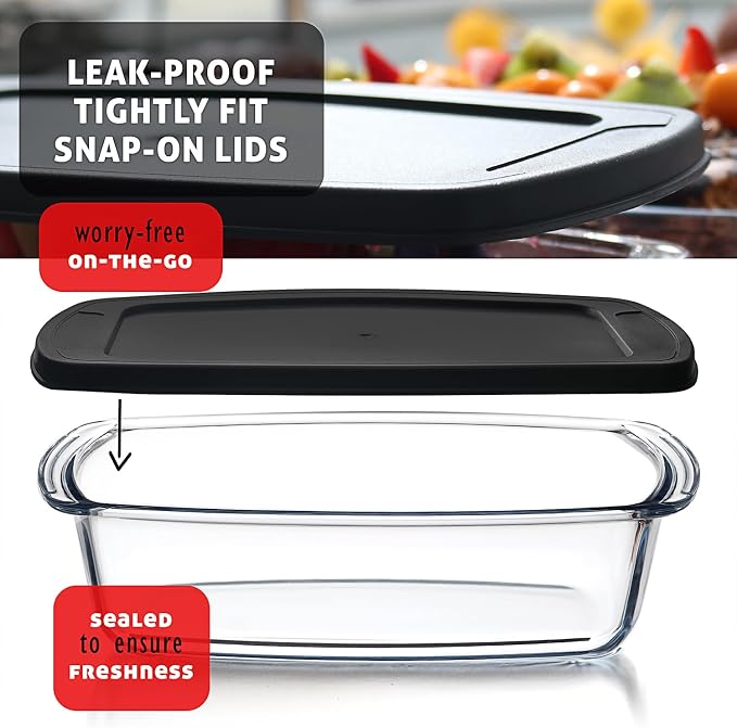 EATEX Glass Bread Pans for Homemade Bread Baking, 1.9 Quart Deep Rectangular Glass Food Storage Containers with Lids, 3 Bread Loaf Pans 3 Airtight Lids Black Microwave Oven & Freezer Safe