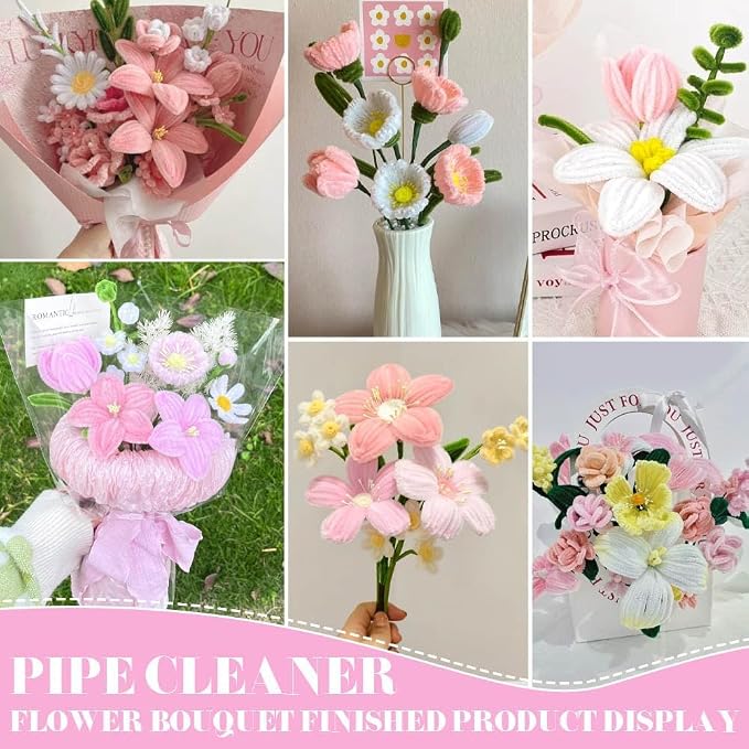 620Pcs Macaron Pipe Cleaner Flower Kit, 6 Colors Bulk Chenille Stems with Wires, Pom Poms, Stamens and Card, All-in-One DIY Flower Craft Supplies for Creative Gifts Home Decor, Party & School Crafts